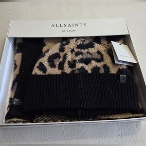 ALLSAINTS Wool Blended Leopard Print Beanie & Scarf Gift Box